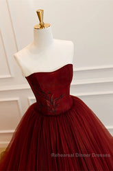 Wine Red Scoop Sweetheart Tulle Ball Gown Semi Formal Prom Dress, Wine Red Tulle Evening Dress